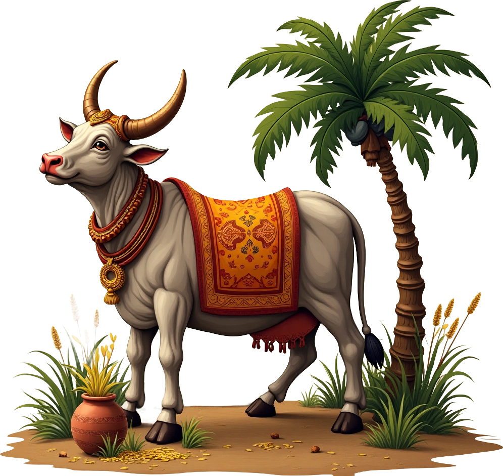 Festive Cow in a Tropical Setting